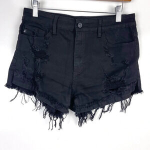KanCan Black Distressed Raw Frayed Hem High Rise Denim Shorts Women's